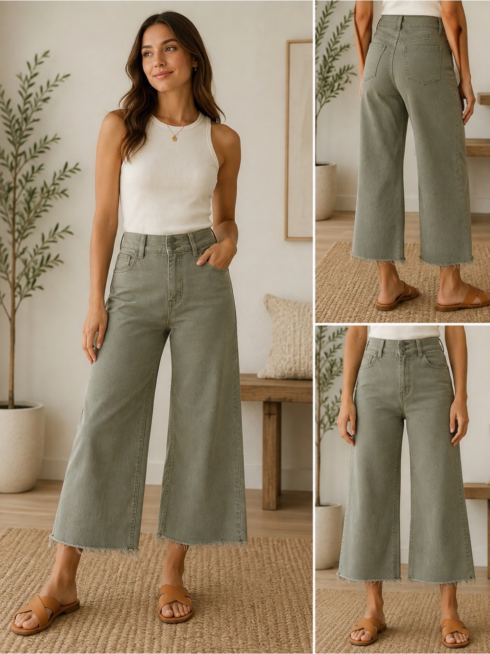 Banana Republic High Rise Wide Leg Crop Jeans Size 25 Green Raw Hem